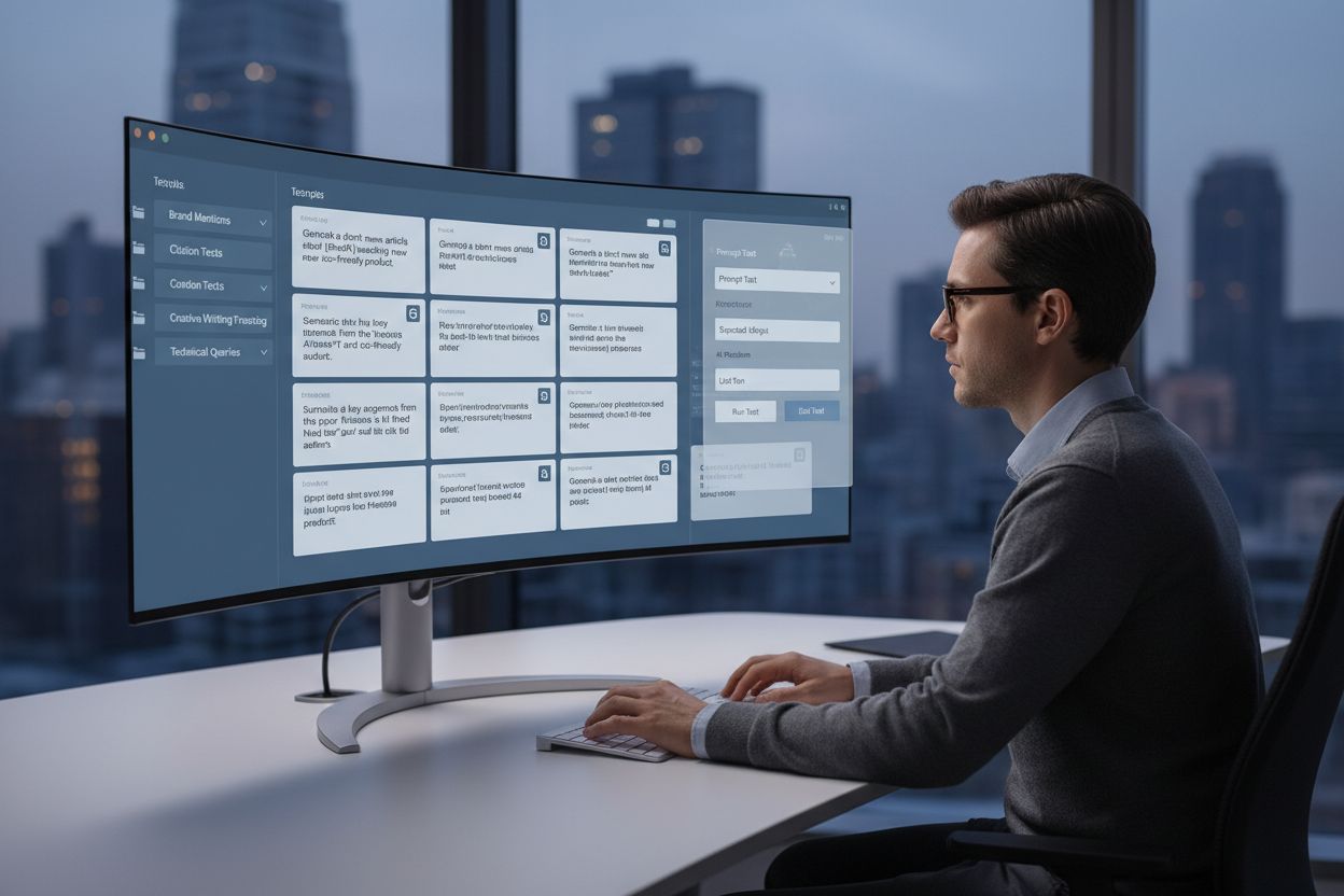 Digital prompt library interface showing organized test prompts and AI platform integration