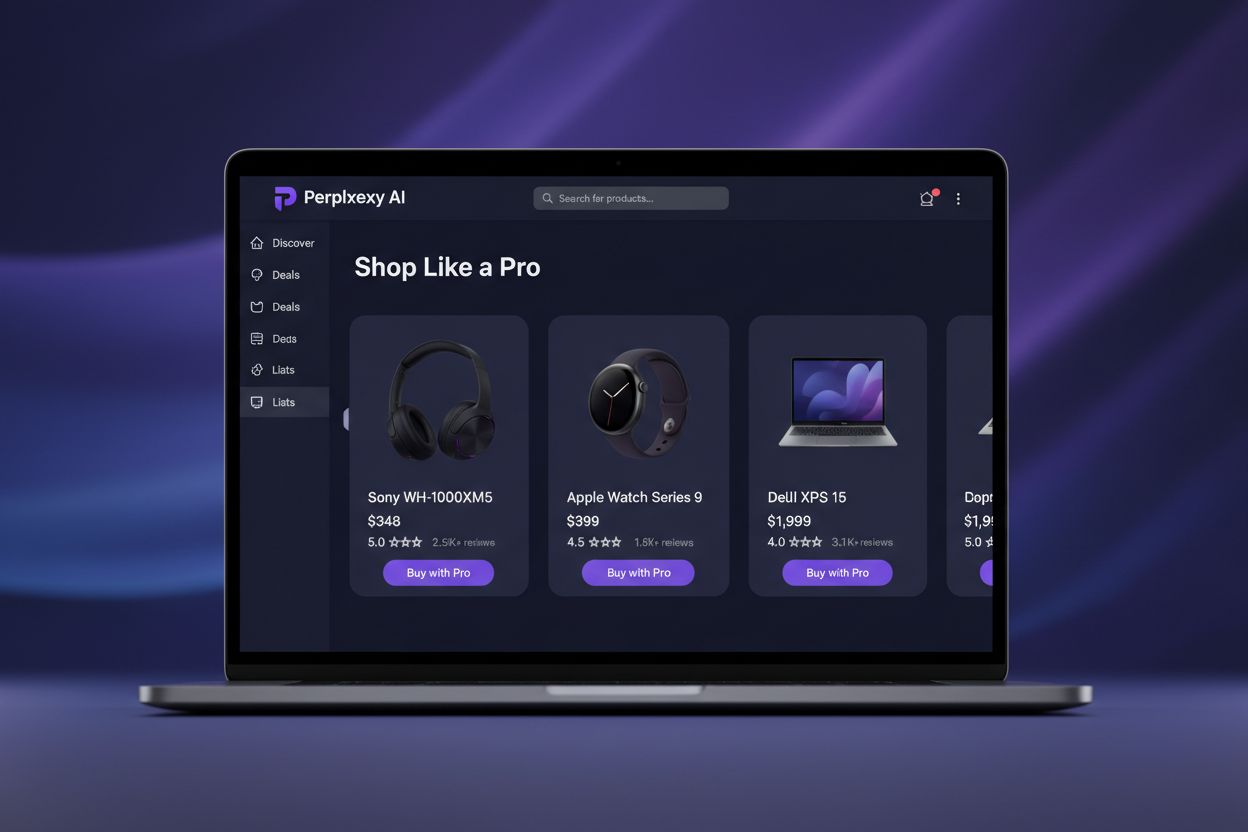 Perplexity Shopping interface with product cards and Buy with Pro buttons