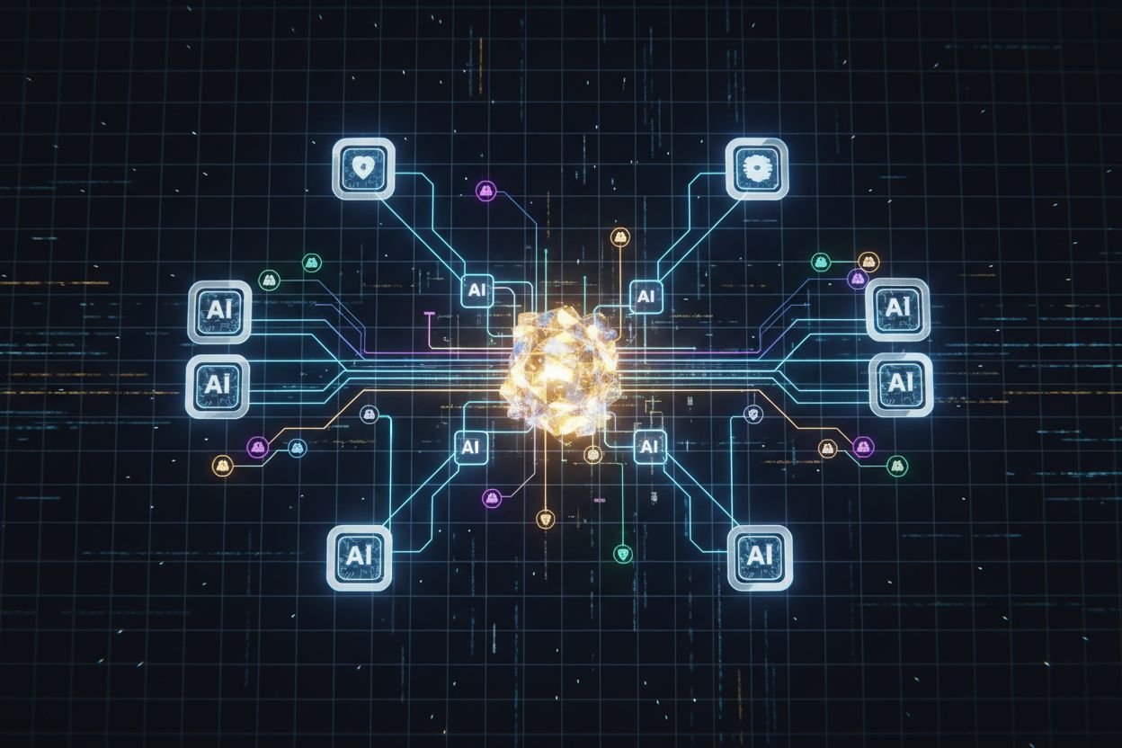 Abstract visualization of structured data and knowledge graphs showing interconnected nodes representing entities and relationships for AI systems
