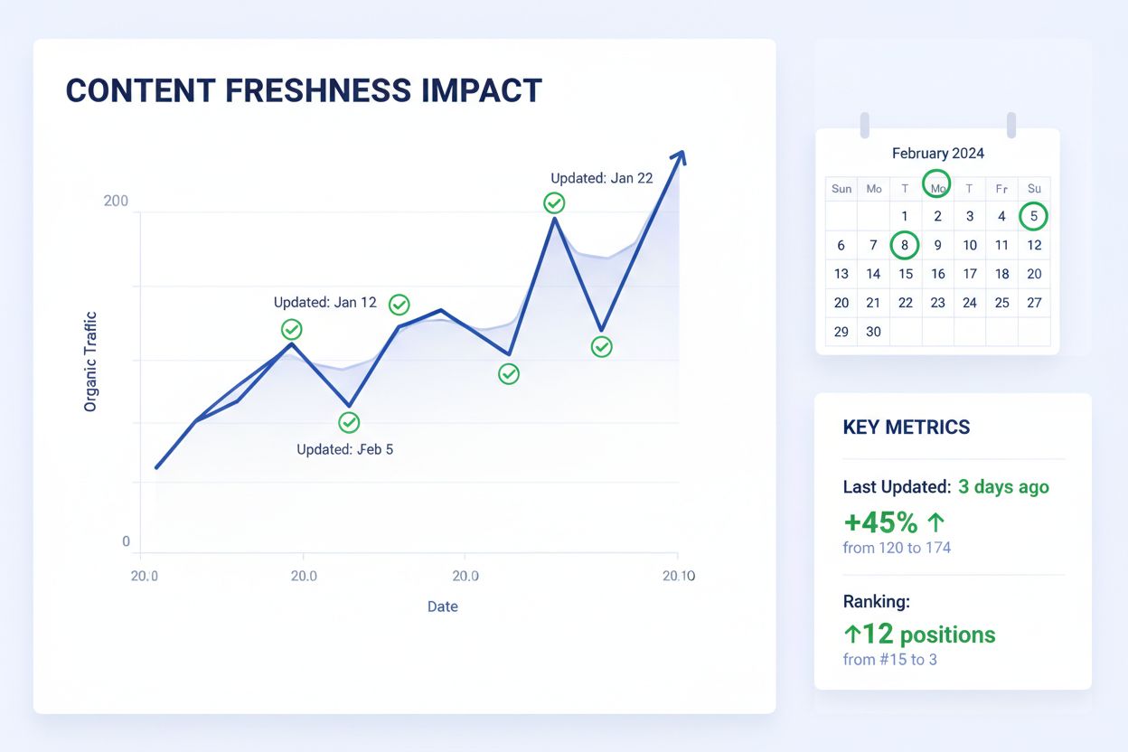 Analytics dashboard showing content freshness impact metrics with trending graphs and AI citation increases
