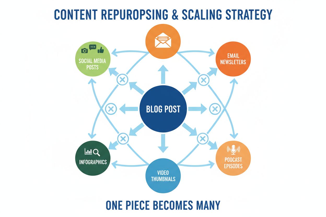 Content repurposing strategy showing one piece becoming multiple formats