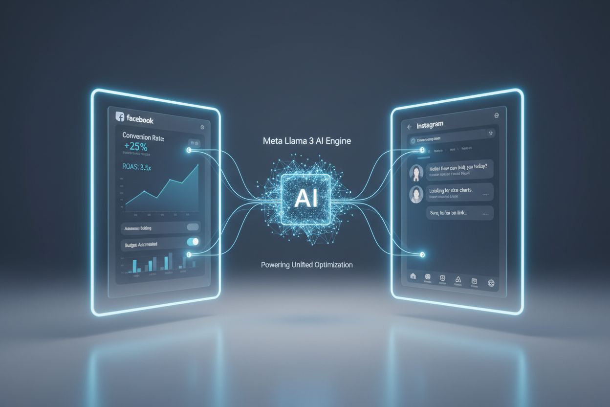 Split-screen visualization of Meta AI optimization across Facebook and Instagram platforms