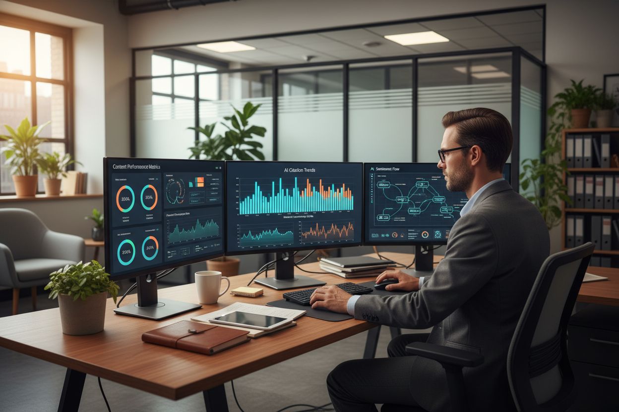 Data analyst reviewing AI visibility metrics and strategic insights on multiple monitors