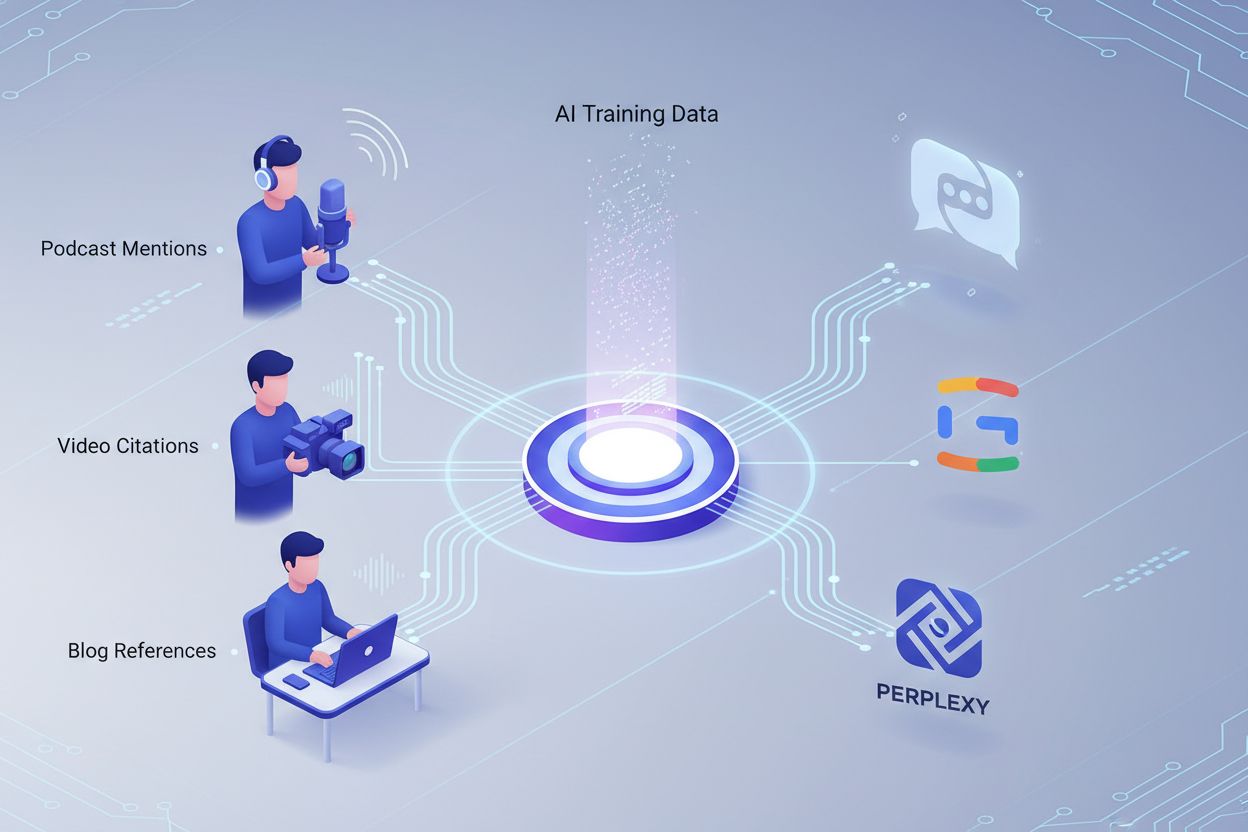 Creator partnership ecosystem showing podcasters, video creators, and bloggers connected to AI systems