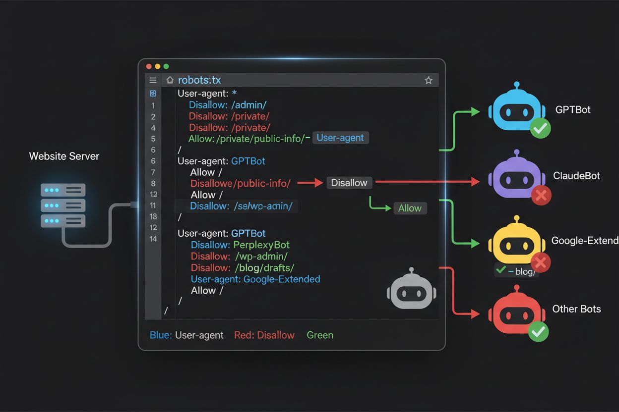 Visual representation of robots.txt configuration with color-coded directives and bot access control