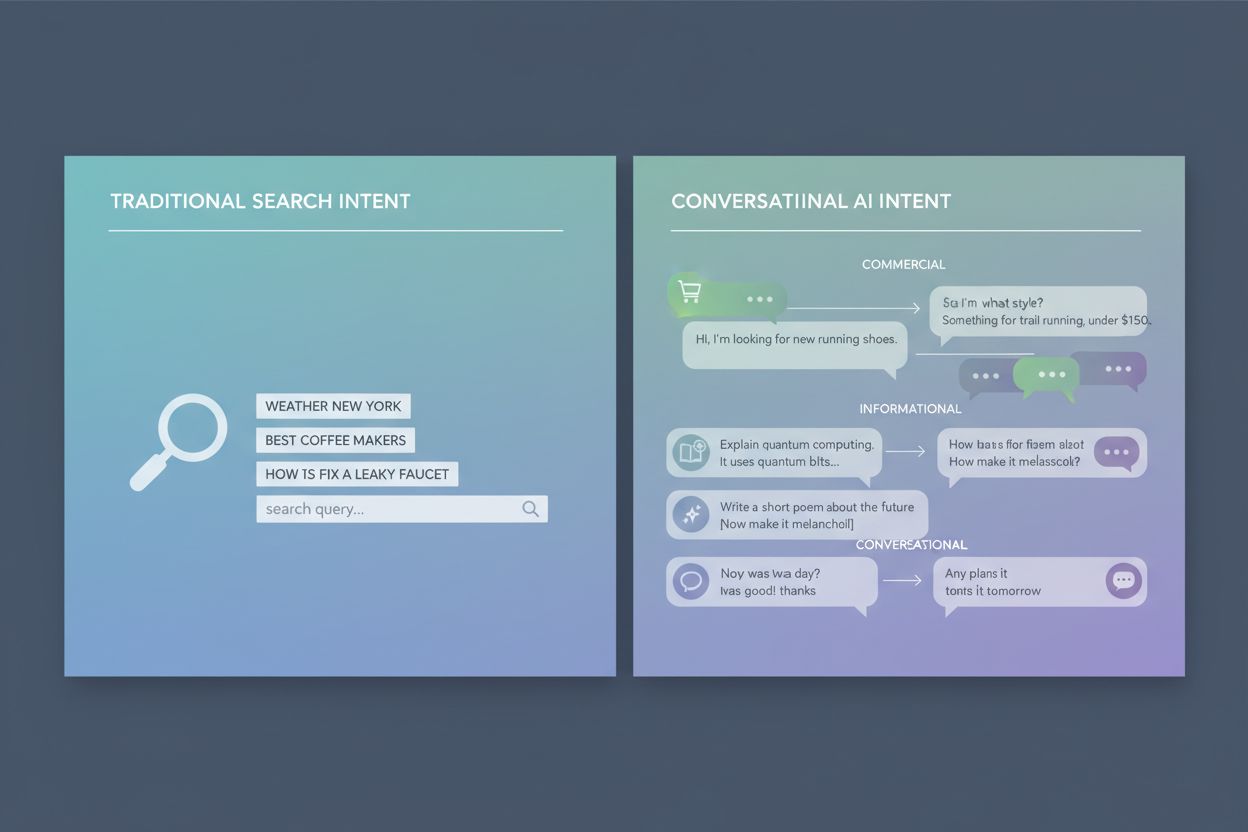 Conversational Intent Concept - Split screen showing traditional search intent vs conversational intent with four intent types