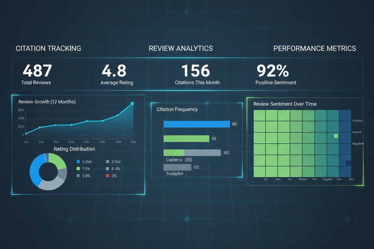 Analytics dashboard showing review metrics, citation tracking, and performance analytics