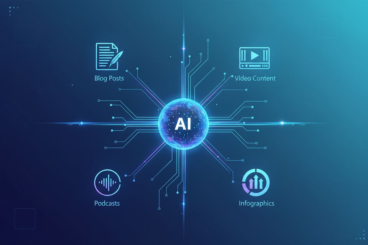 AI-powered content ecosystem with multiple format icons connected to central AI node