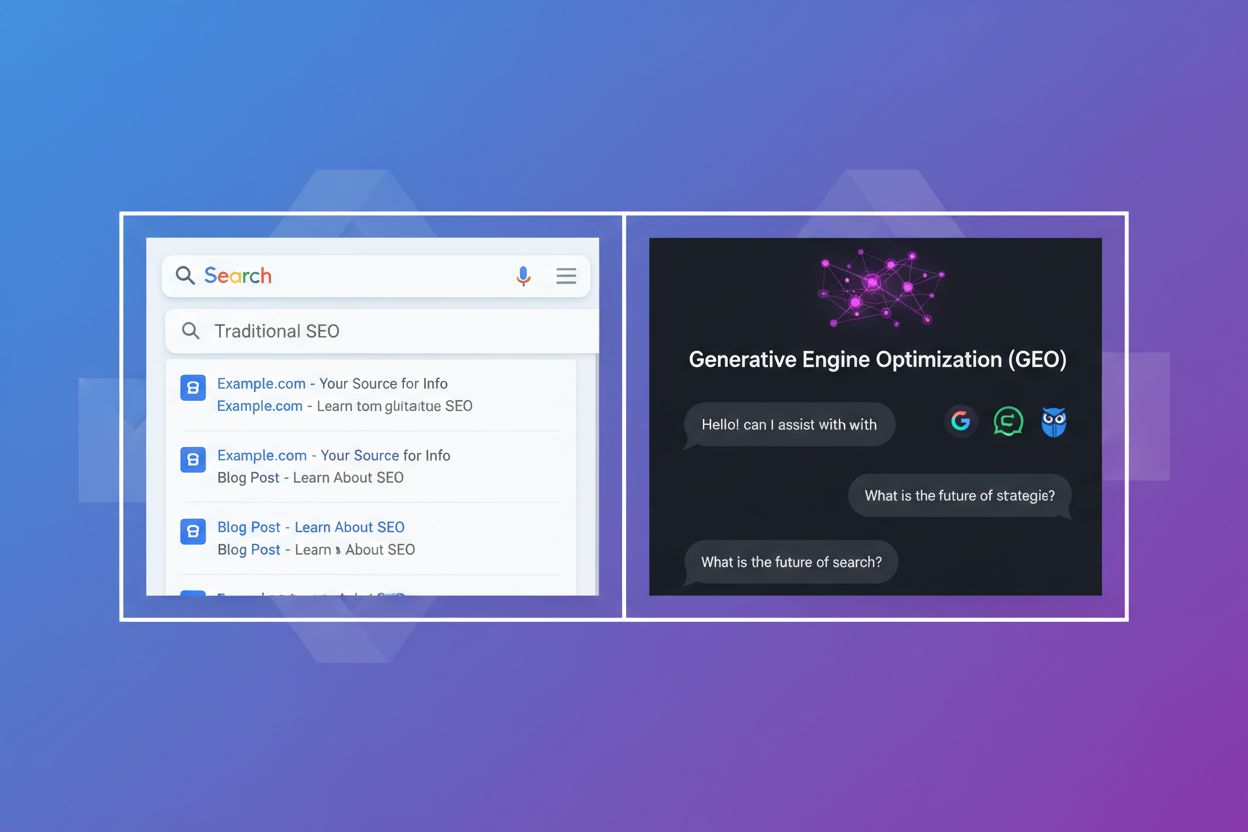 Evolution from traditional SEO to Generative Engine Optimization showing split-screen comparison