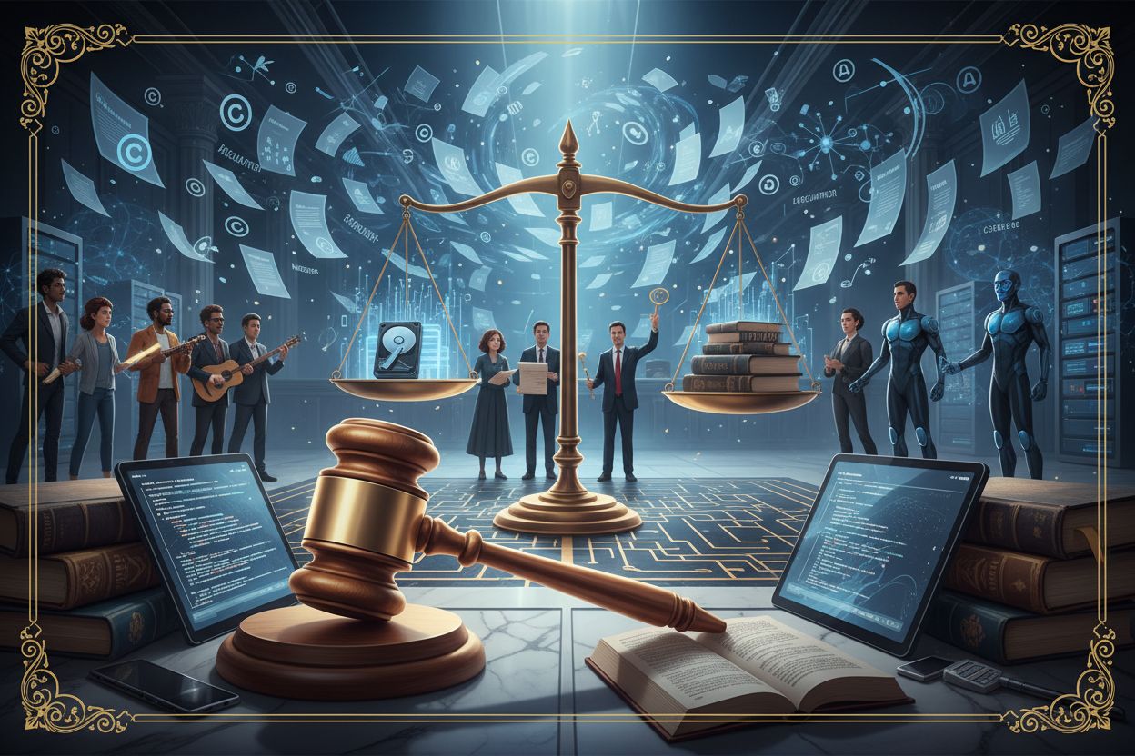 Legal landscape visualization with courtroom, regulations, and copyright symbols