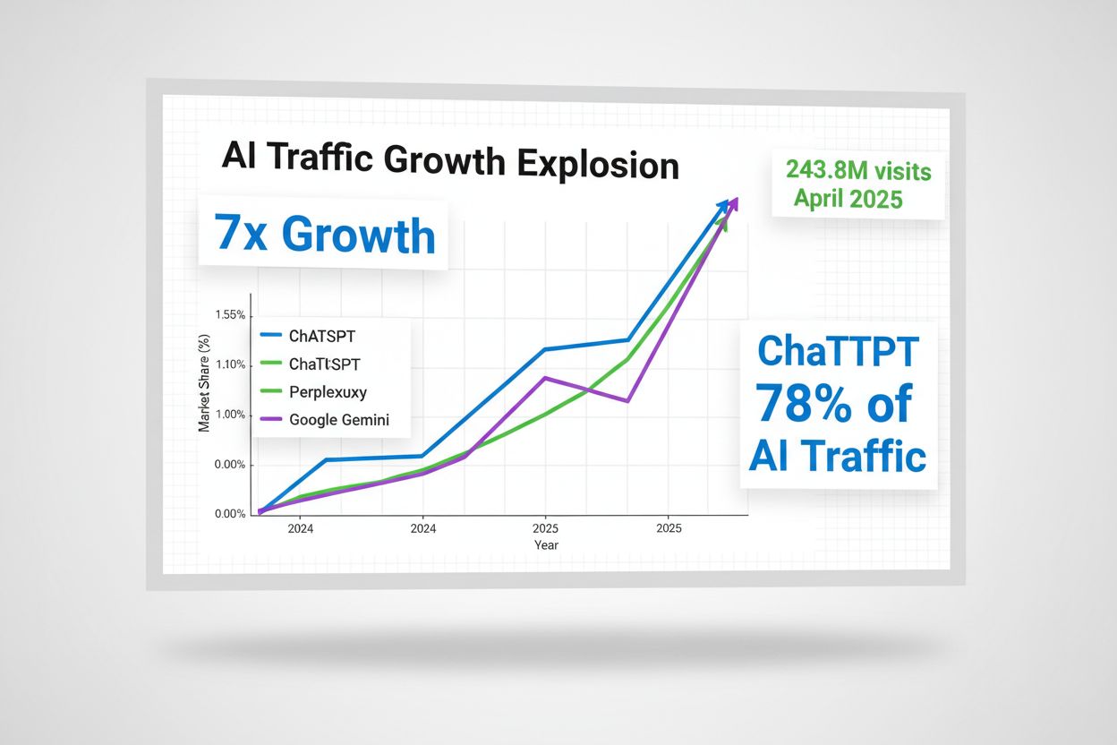 AI traffic growth visualization showing 7x growth from 0.02% to 0.15% with ChatGPT, Perplexity, and Google Gemini statistics