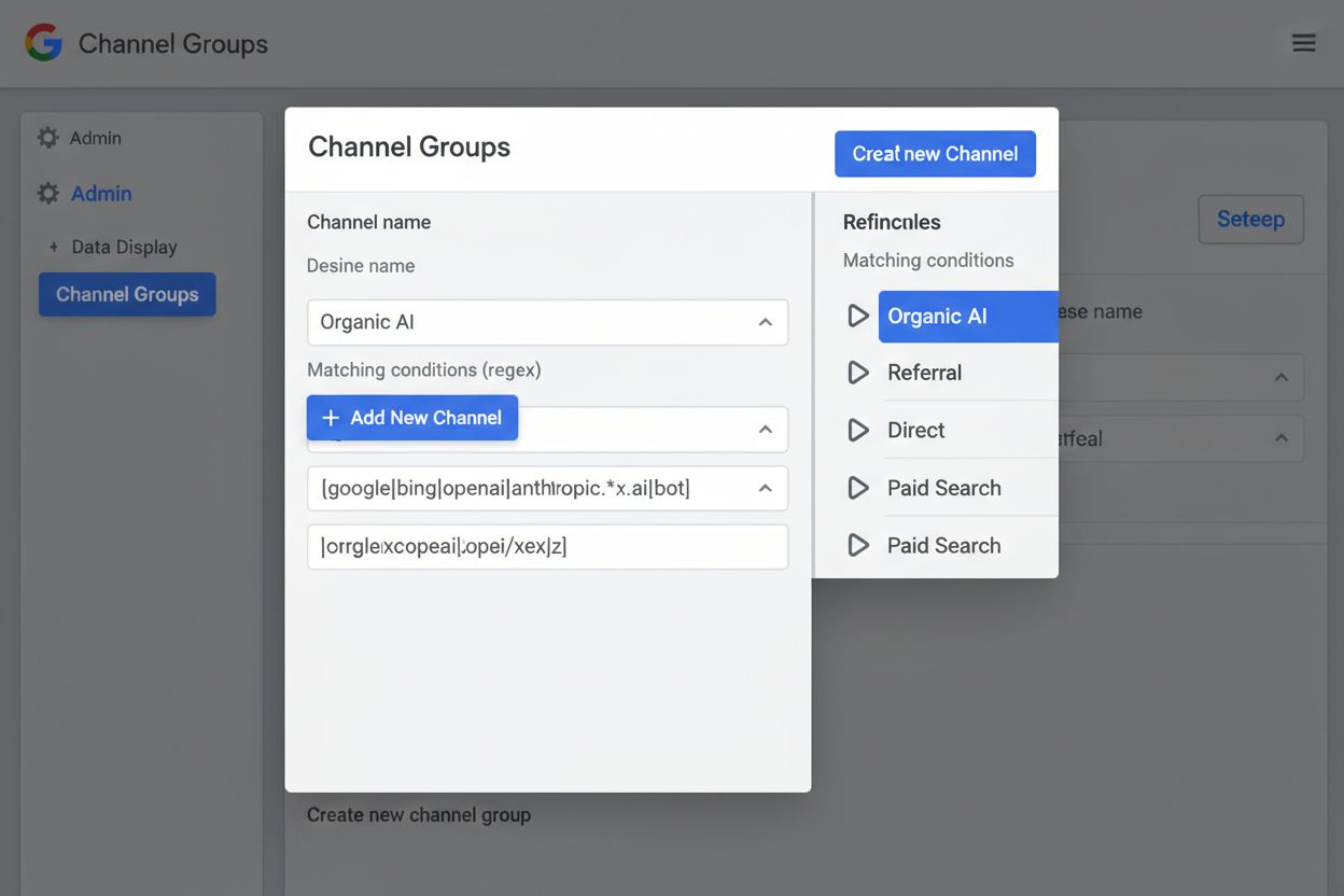 GA4 admin interface showing custom channel group configuration with regex pattern input and channel reordering