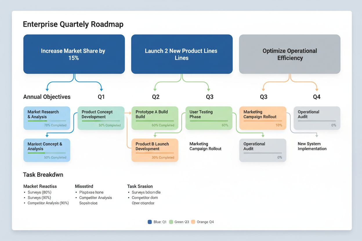 Quarterly roadmap template showing milestone cards, progress tracking, and goal hierarchy