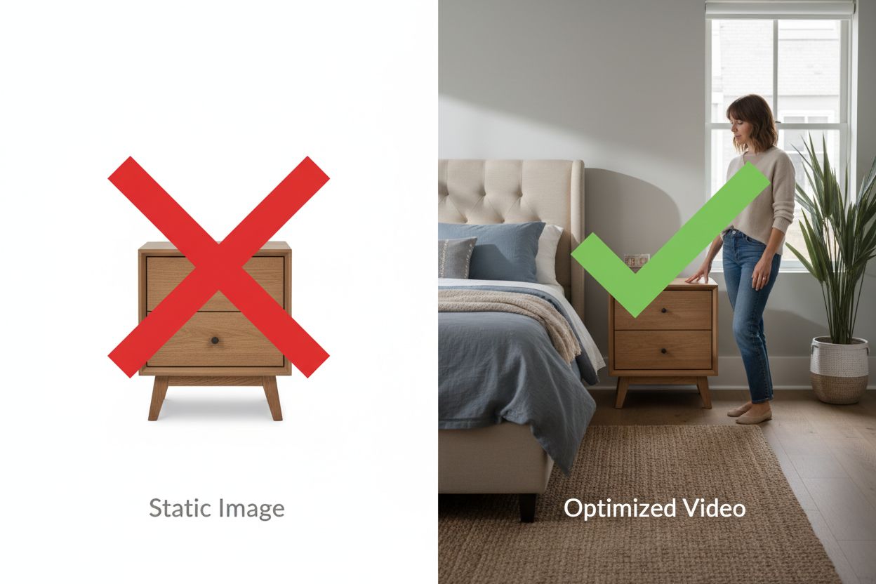 Comparison showing static product photo on white background versus optimized video showing furniture with scale reference and realistic bedroom environment