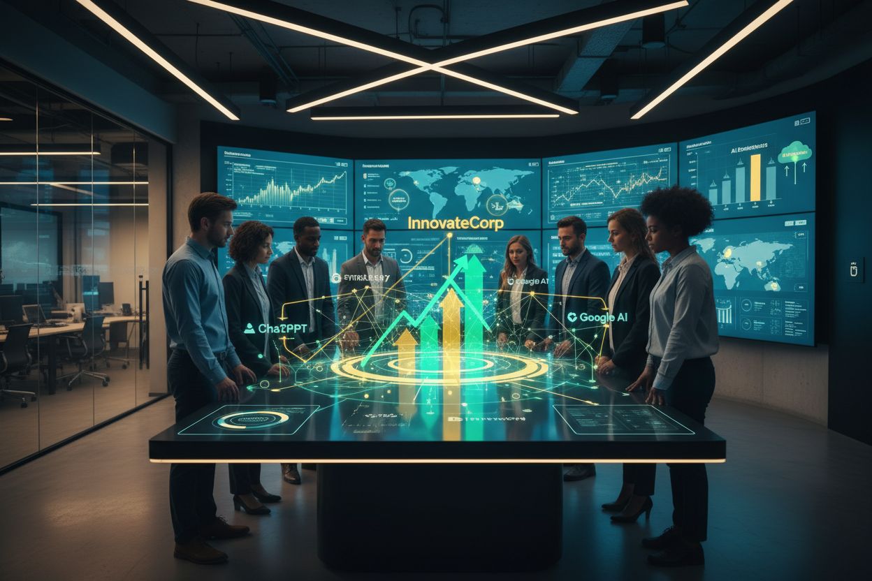 Competitive advantage visualization showing brands monitoring AI visibility metrics and strategic positioning