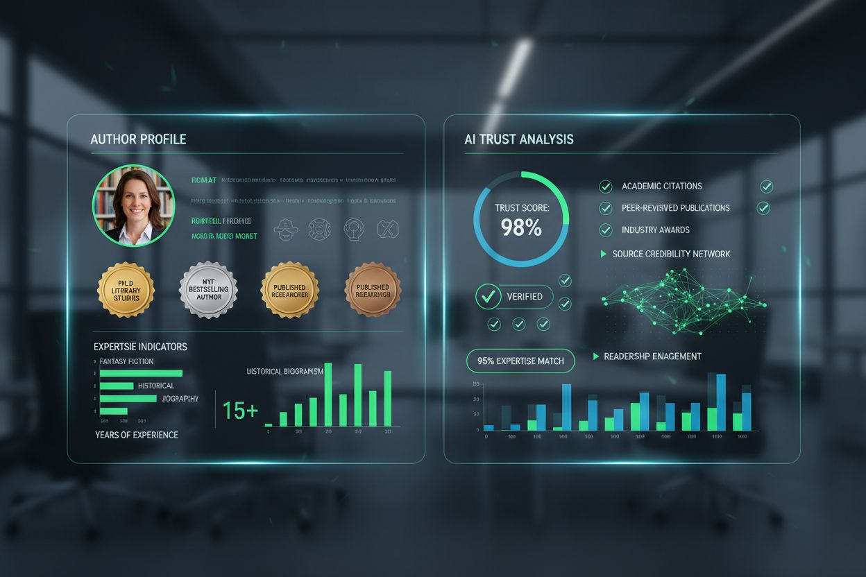 AI system analyzing author credentials and trust signals with verification badges and credibility analysis