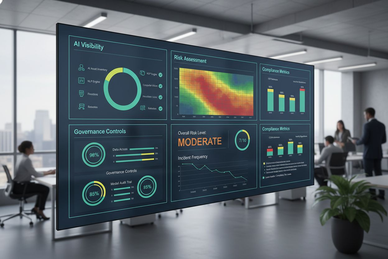 AI governance dashboard showing real-time monitoring metrics