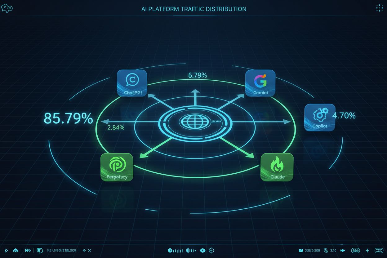 AI traffic flow visualization showing ChatGPT, Perplexity, Gemini, Claude, and Copilot sending traffic to a website