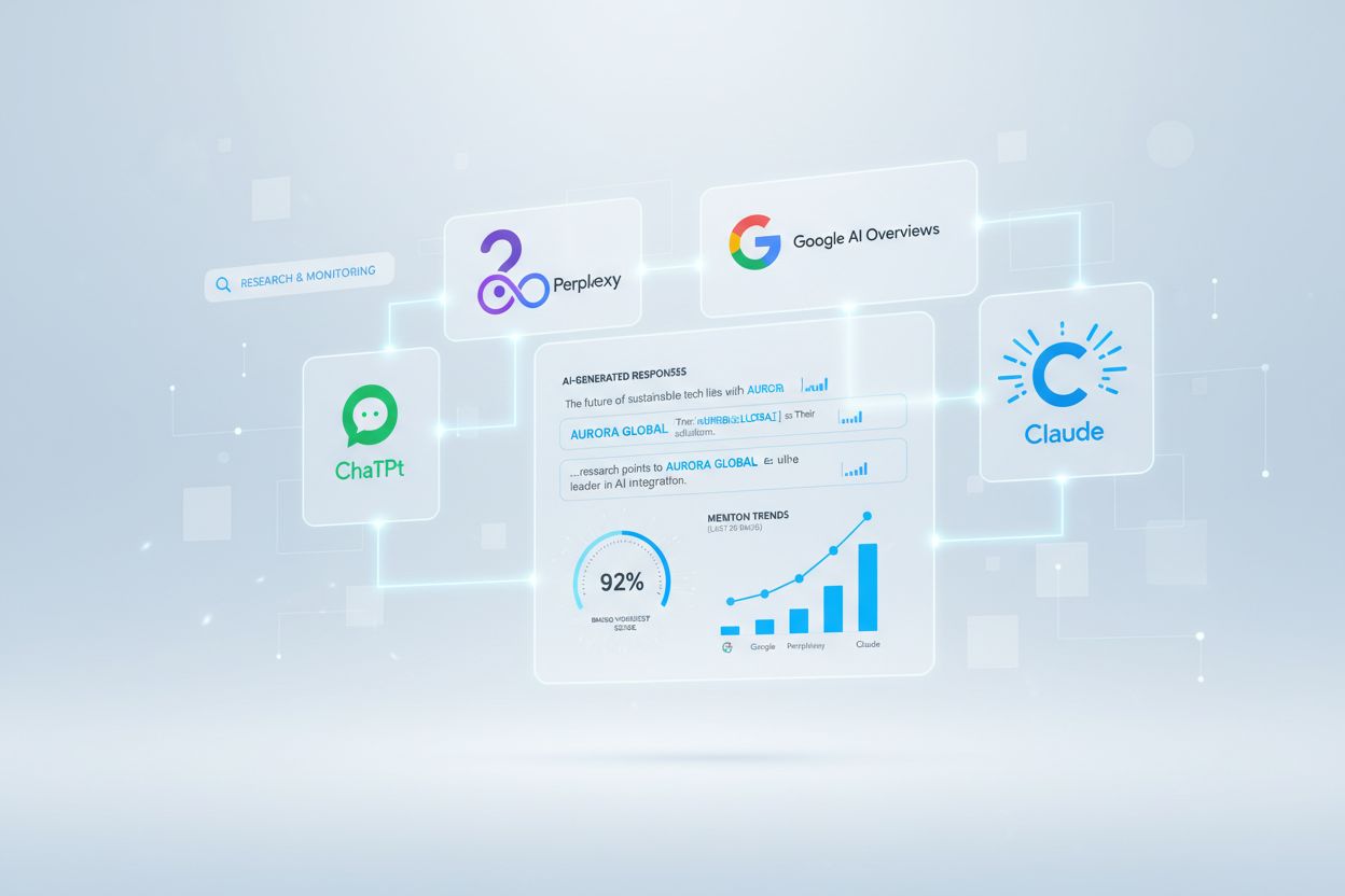 AI visibility dashboard showing brand mentions across ChatGPT, Perplexity, Google AI, and Claude platforms