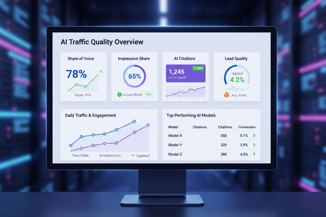 Analytics dashboard showing AI traffic quality metrics including Share of Voice, Impression Share, Citations, and Conversion Rate