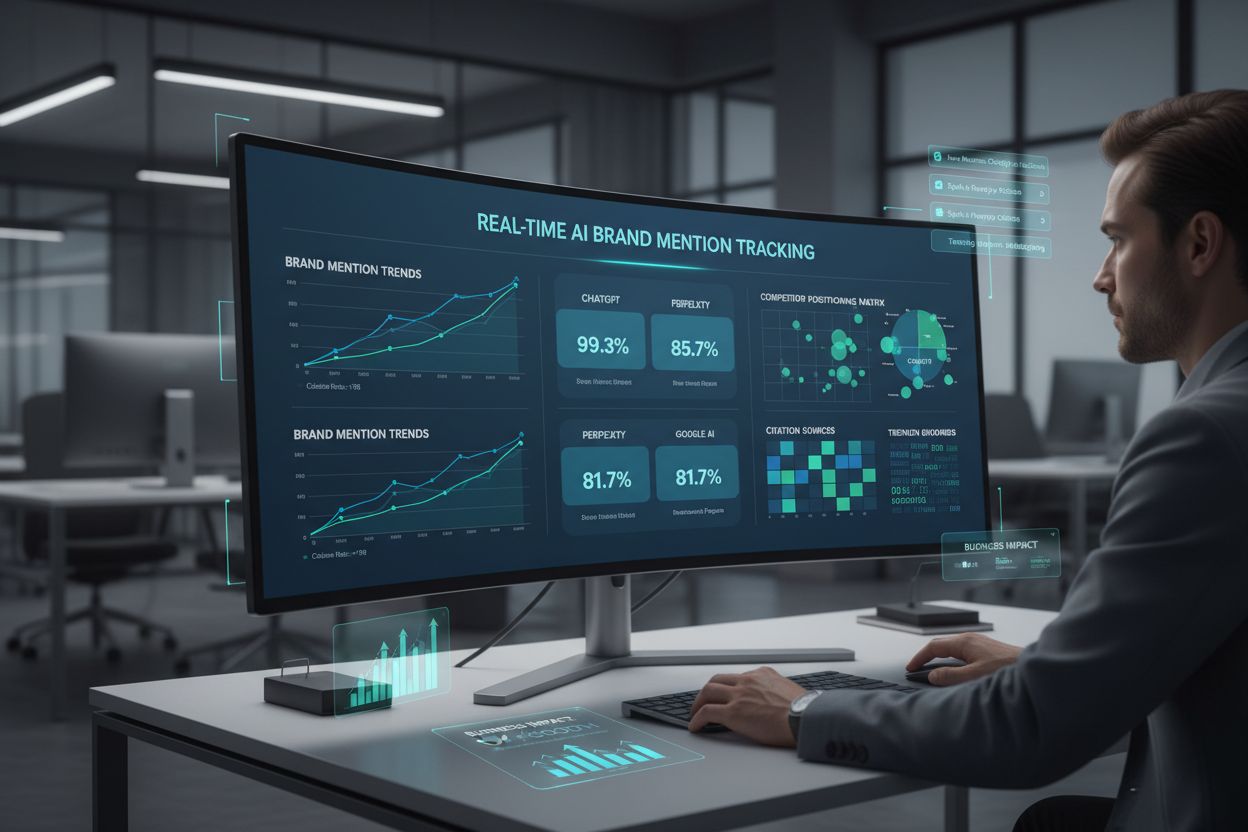 Real-time AI brand mention tracking dashboard showing metrics across ChatGPT, Perplexity, and Google AI