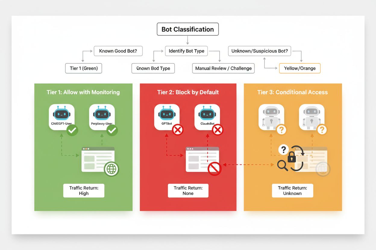 Three-tier bot classification framework showing Tier 1 Allow, Tier 2 Block, Tier 3 Conditional