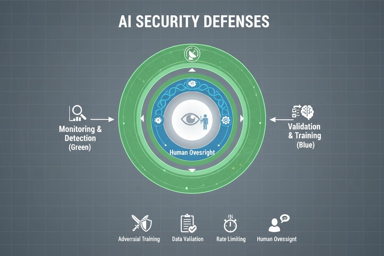 Layered AI security defenses showing monitoring, validation, training, and human oversight
