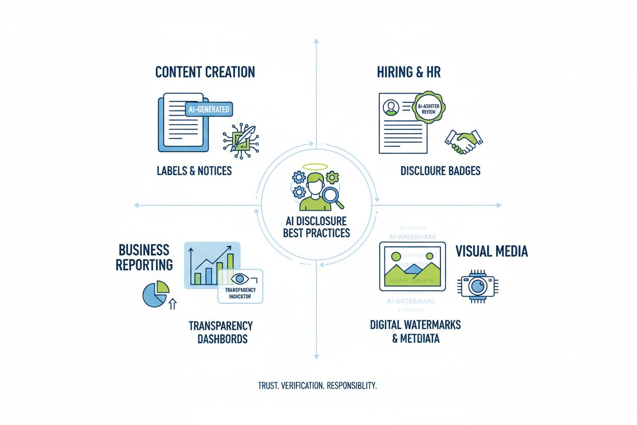 AI Disclosure Best Practices - Infographic showing content creation, hiring, reporting, and visual media disclosure methods