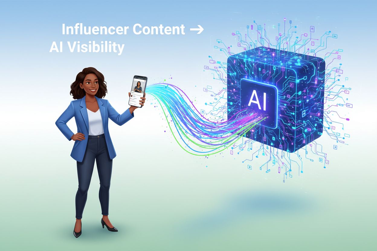 Influencer creating content with AI neural network visualization showing data flow from content to AI systems