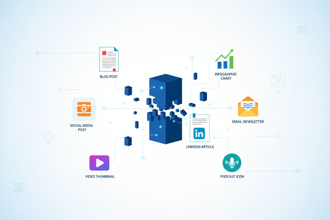 Content atomization concept showing pillar content breaking into multiple formats