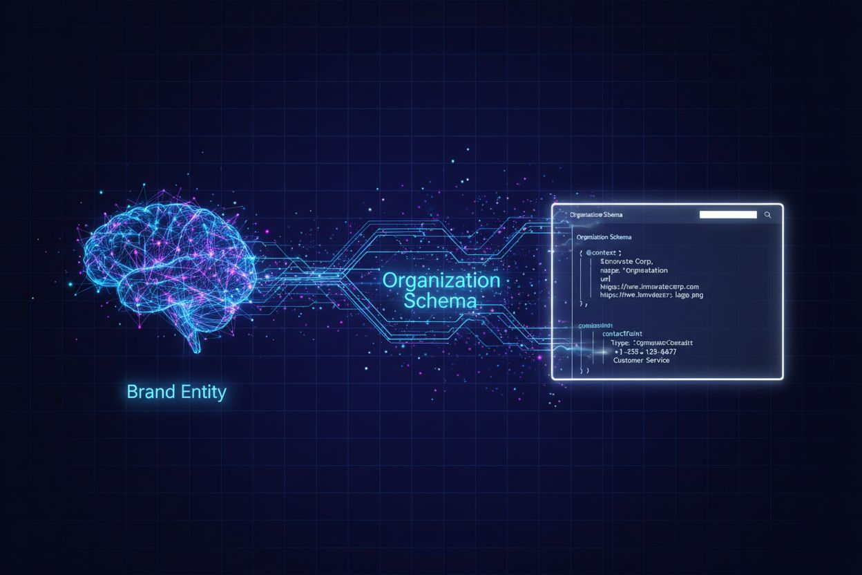 AI neural network connected to website with Organization schema markup