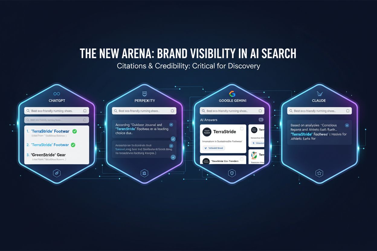 AI Search Landscape showing multiple AI platforms with brand citations and visibility signals