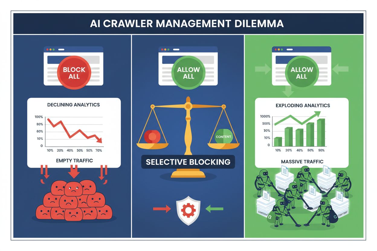 AI Crawler Management Dilemma - Split screen showing block all vs allow all vs selective blocking