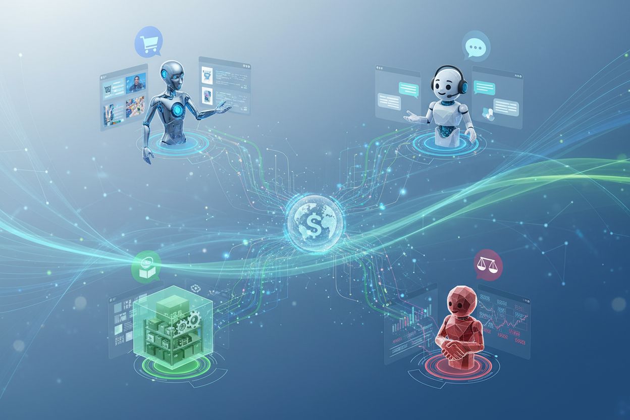 Multiple AI agents handling shopping, inventory, customer service, and negotiation tasks