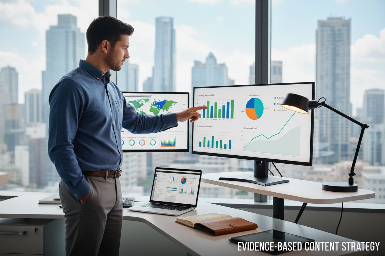 Professional data analysis workspace with charts, graphs, and analytics dashboard showing evidence-based content strategy