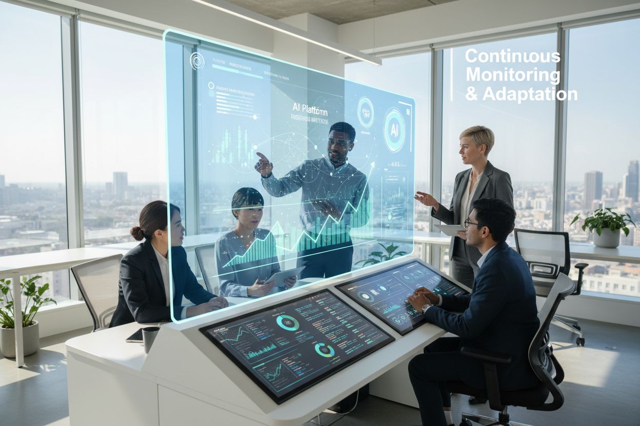 Organization monitoring and adapting to new AI platforms with diverse team collaborating around dashboard