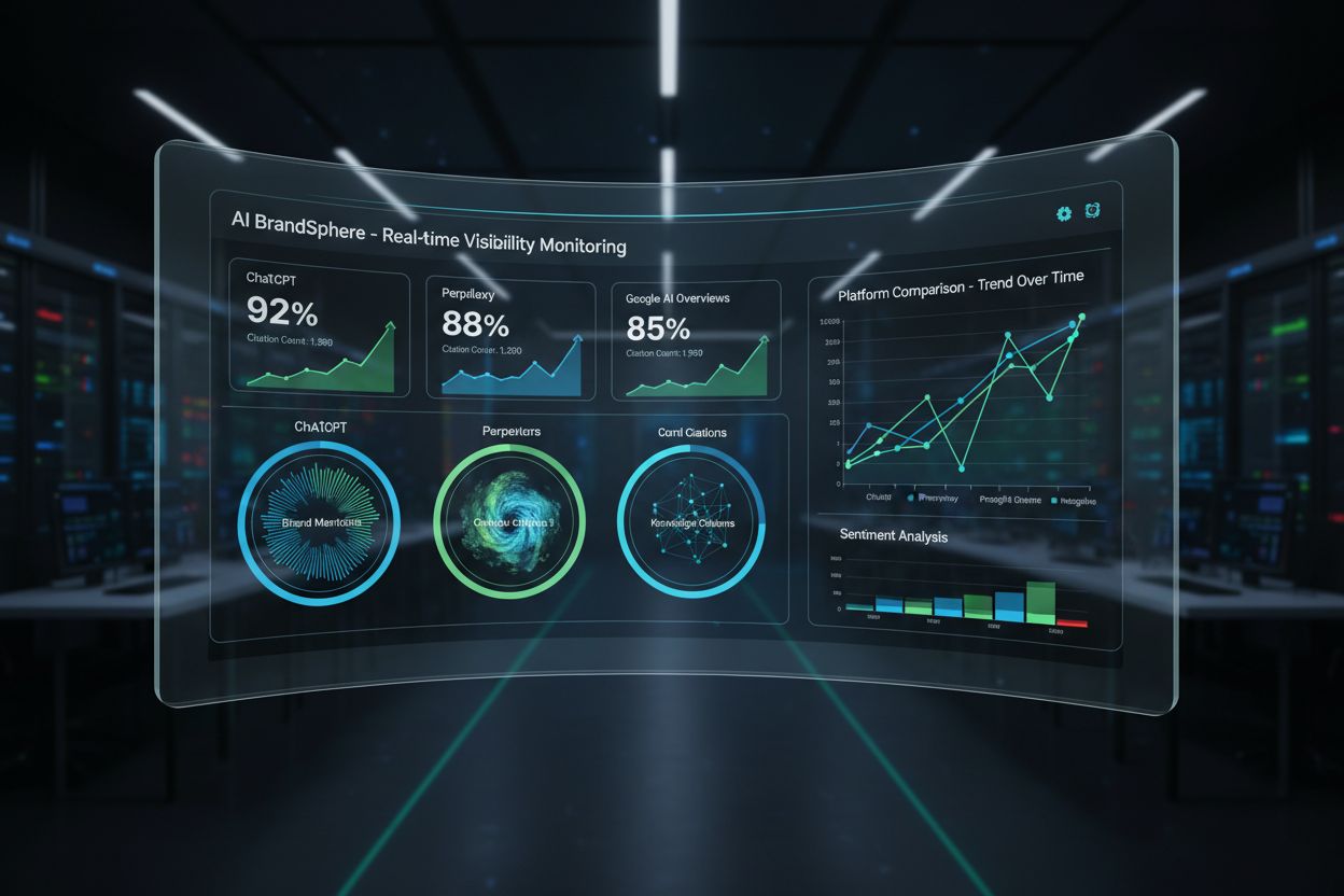 AI visibility monitoring dashboard showing real-time brand tracking across ChatGPT, Perplexity, and Google AI Overviews