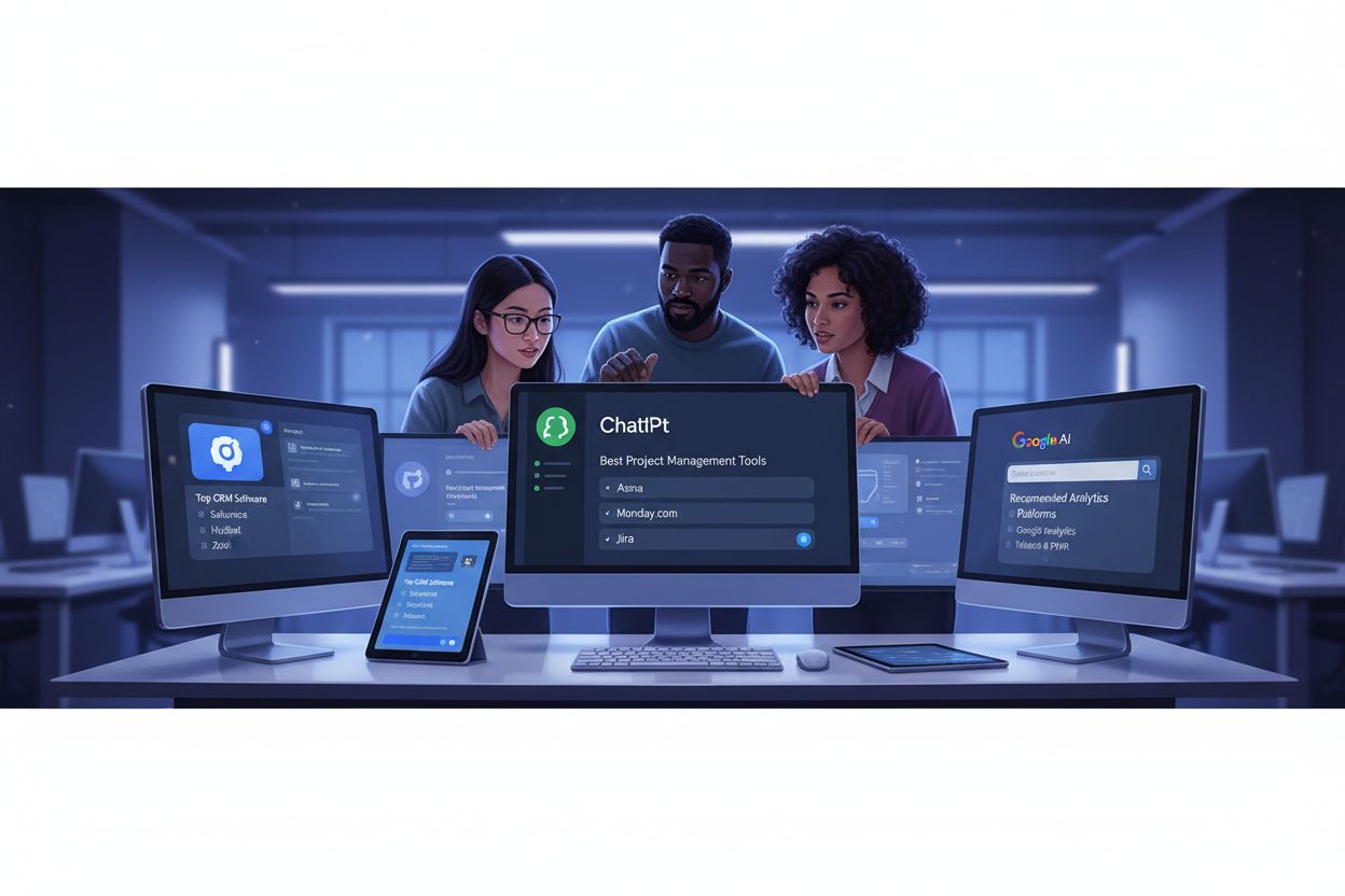 Multiple AI interfaces showing software tool recommendations to diverse users
