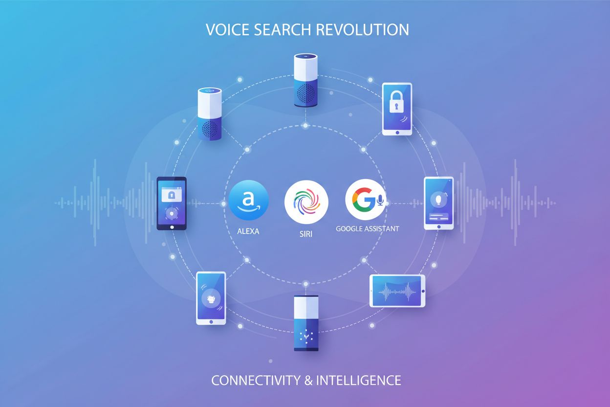 Voice assistant ecosystem showing Alexa, Siri, and Google Assistant connected to smart devices