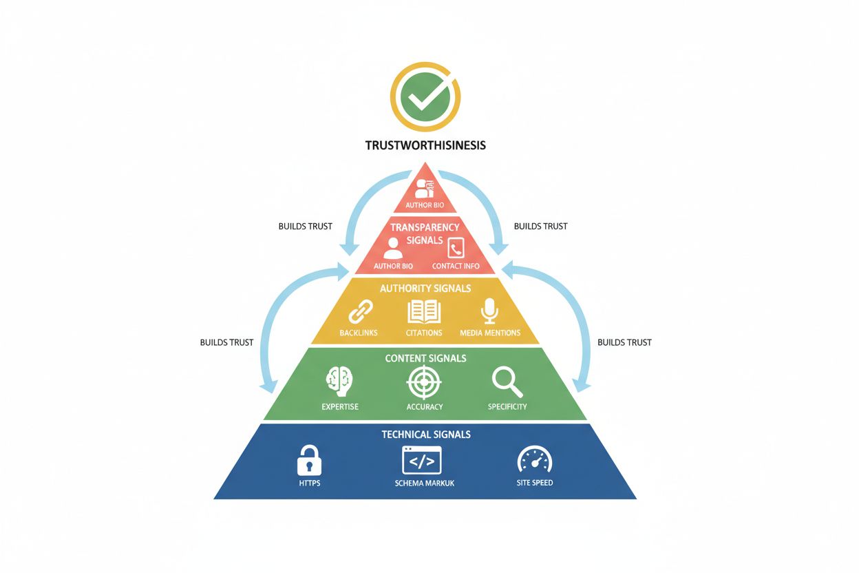 Layered pyramid of trust signals that AI systems use to evaluate content credibility