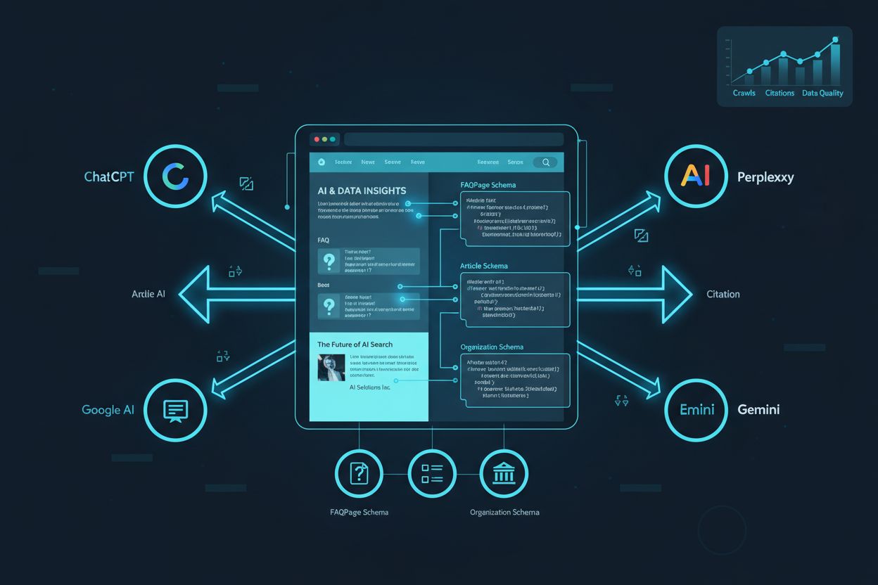 Technical illustration showing structured data and schema markup implementation with AI systems crawling and citing website content through JSON-LD code blocks