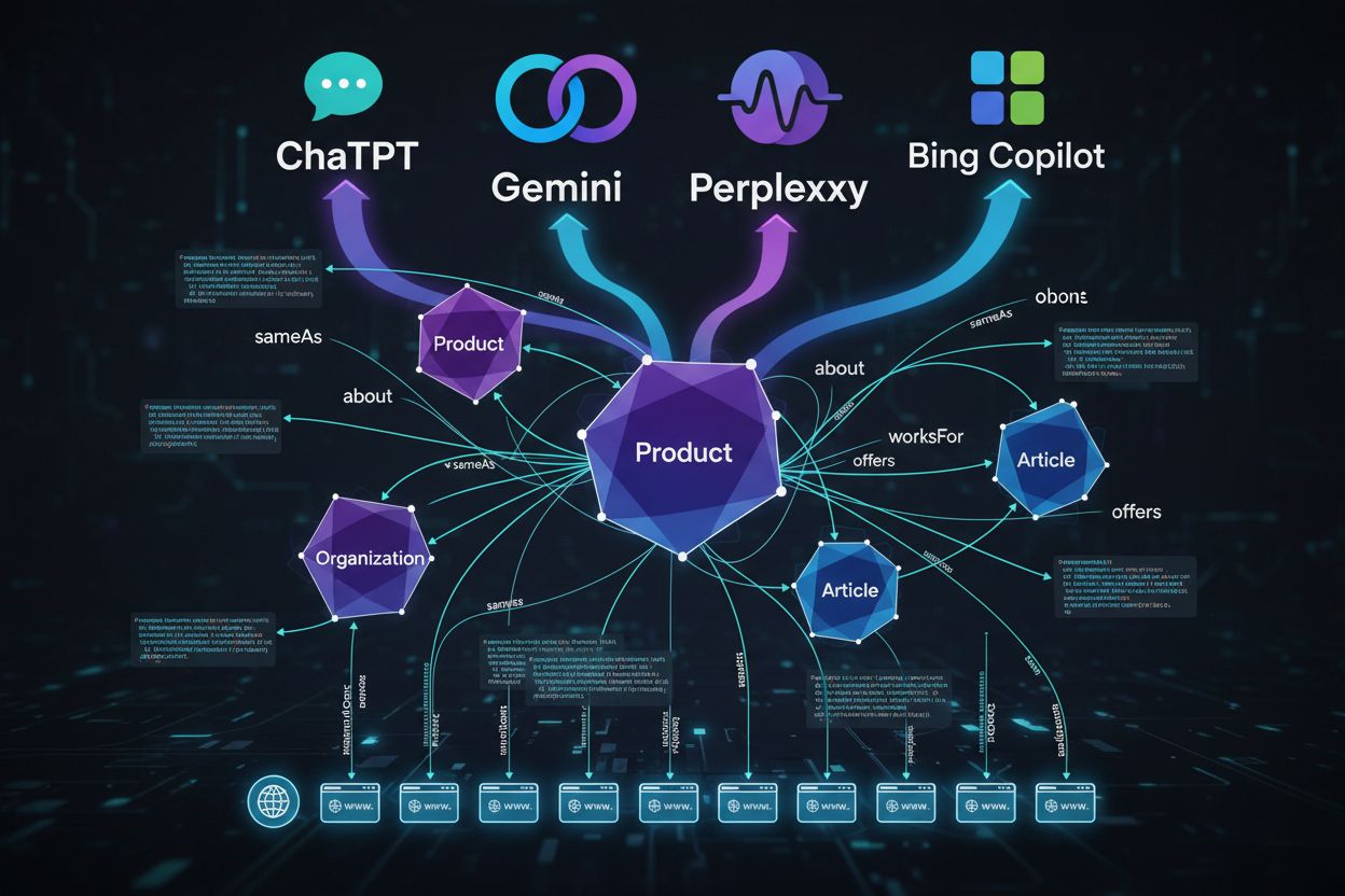 Knowledge graph showing how schema markup connects entities for AI systems