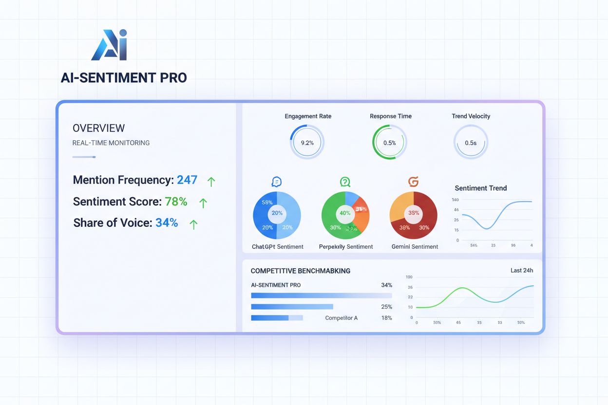 AI brand sentiment analysis dashboard showing metrics across ChatGPT, Perplexity, and Gemini