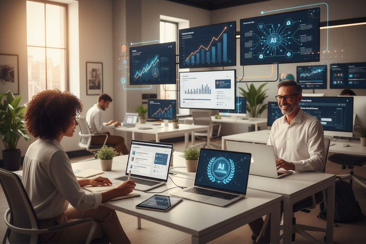 Diverse professionals engaged in online learning and AI visibility training