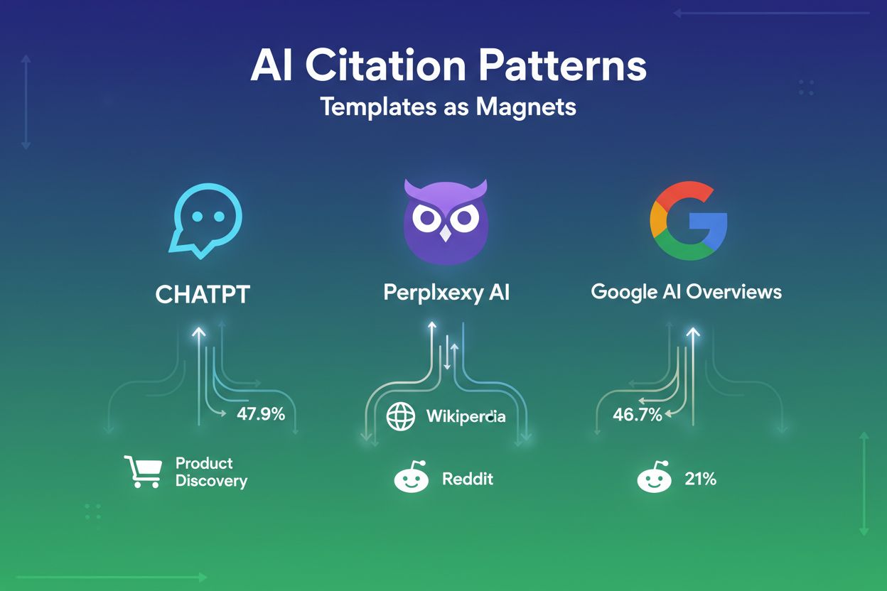 AI Citation Patterns visualization showing ChatGPT, Perplexity, and Google AI Overviews citation percentages