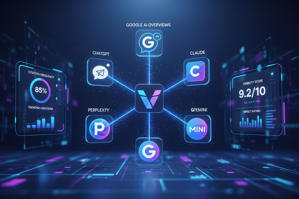 AI platforms with brand visibility concept showing ChatGPT, Perplexity, Google AI Overviews, Claude, and Gemini connected to central brand with citation metrics
