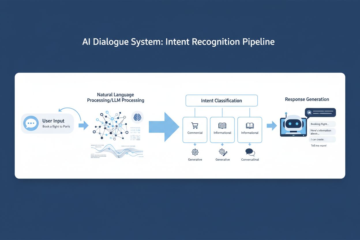 Intent Recognition Process - Flowchart showing user input through NLU/LLM processing to intent classification and response generation