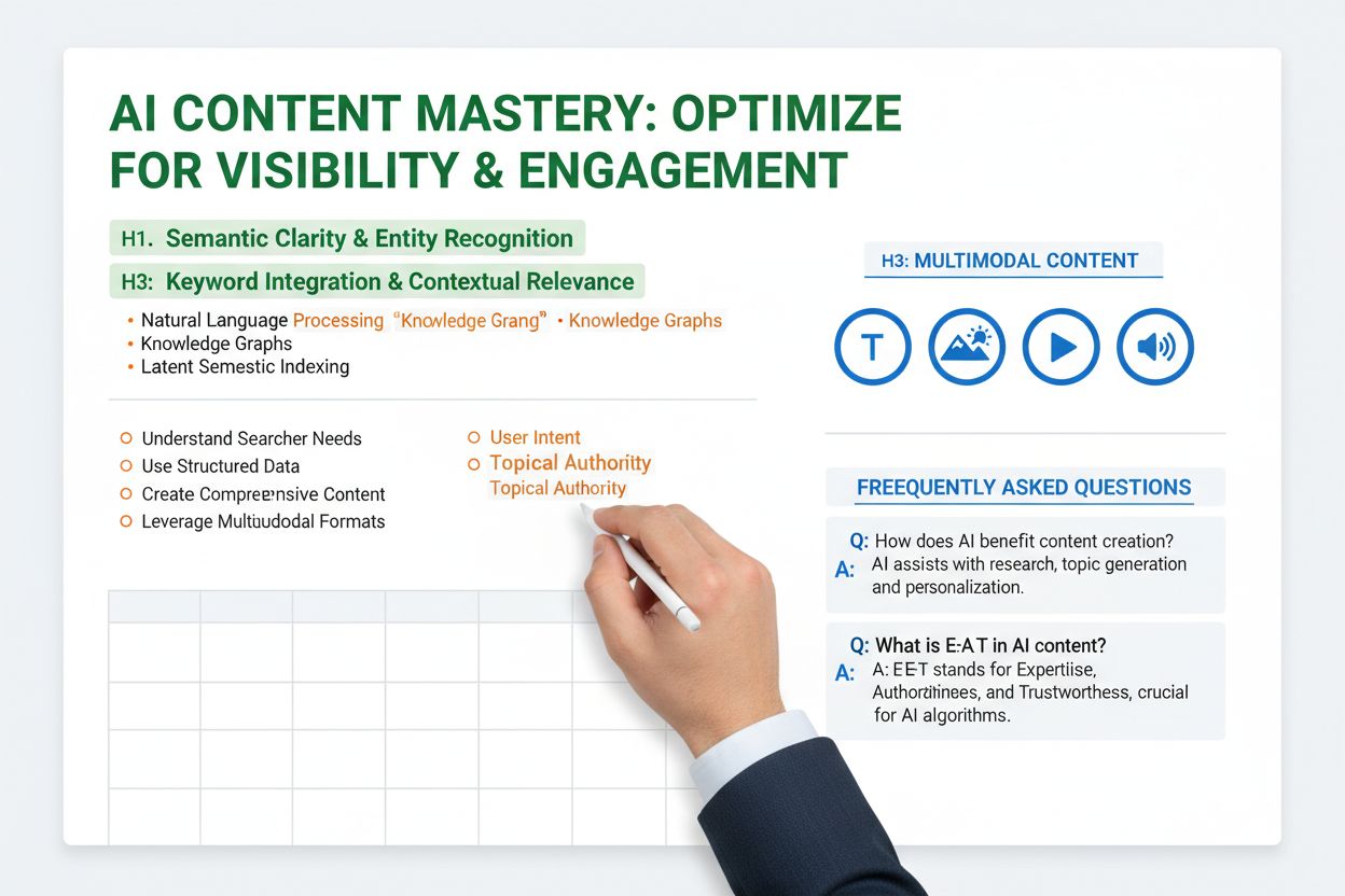 Illustration of well-structured webpage with clear headings, FAQs, and optimization elements