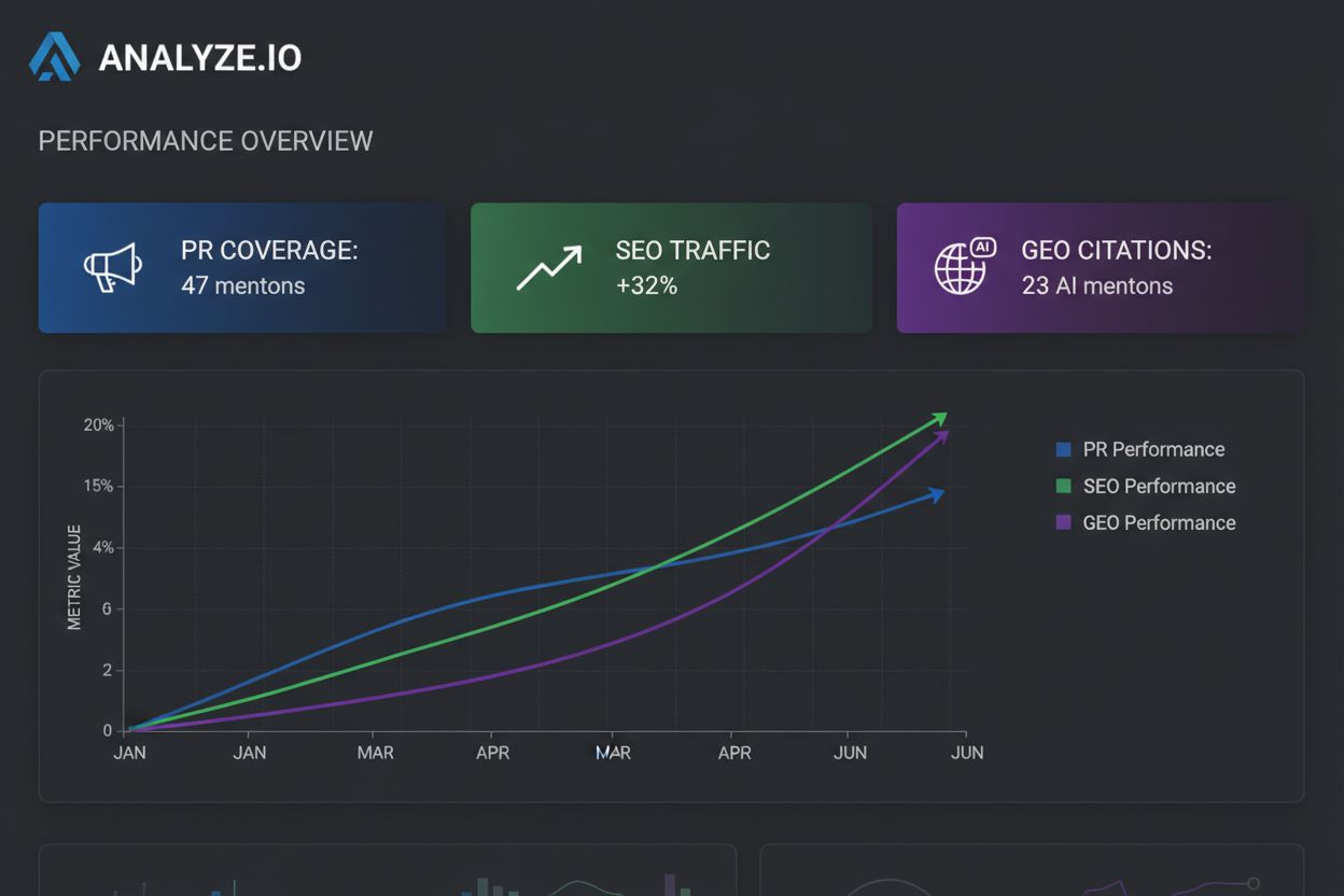 Analytics dashboard showing PR, SEO, and GEO metrics and performance tracking