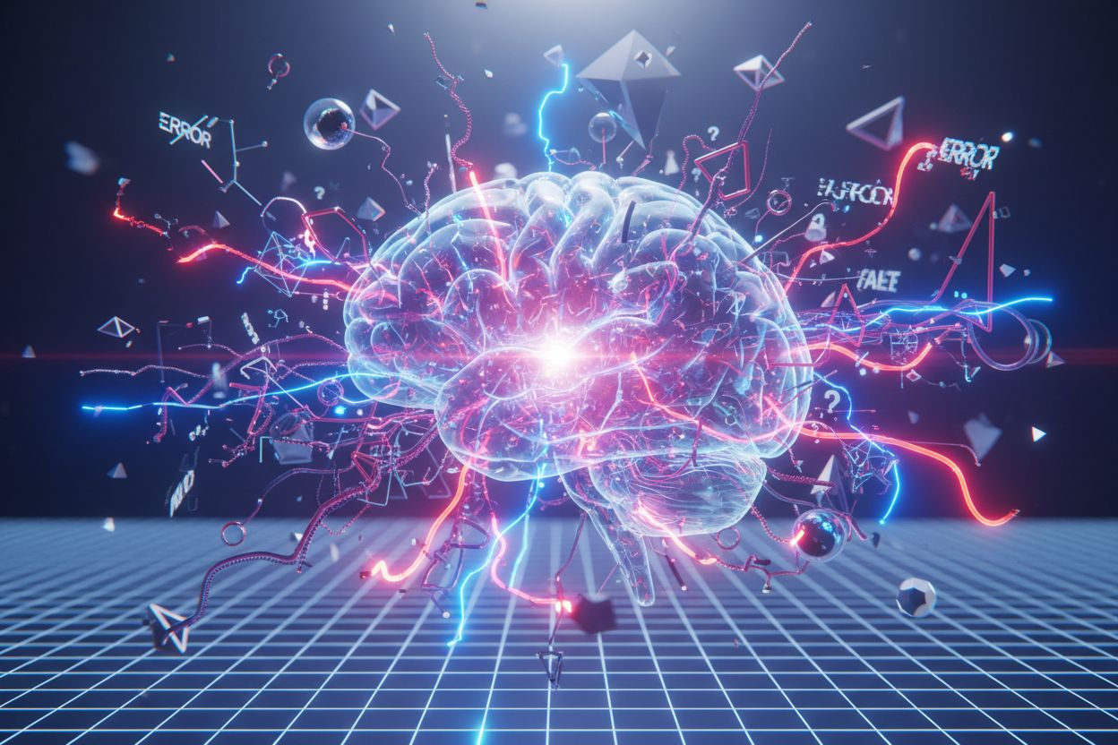 Abstract visualization of AI hallucination with distorted data streams and neural network nodes